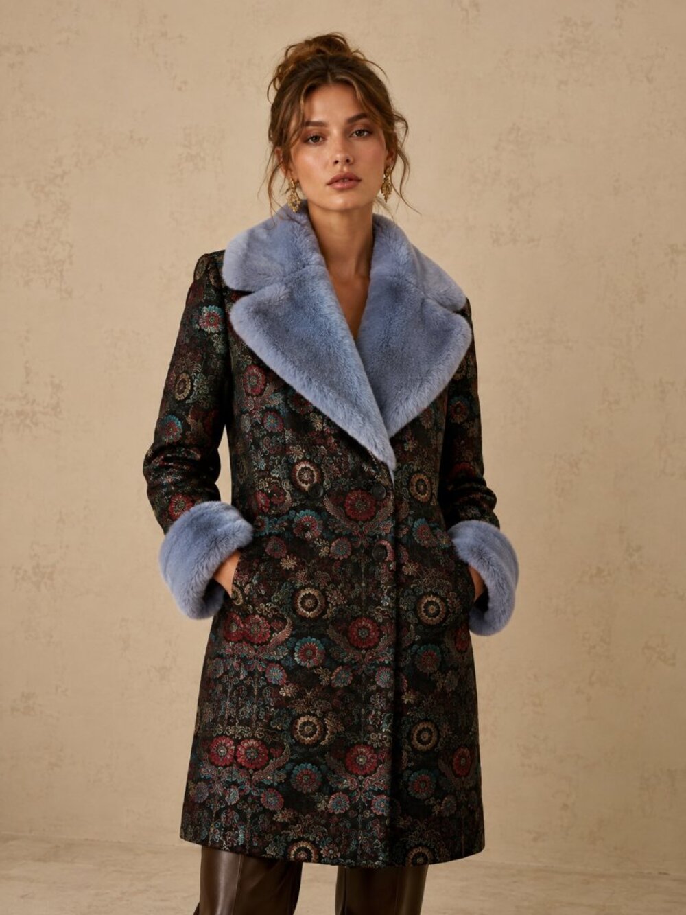 ASOS Floral Brocade Jacquard Tapestry Penny Lane Fur Trim Double Breasted Coat